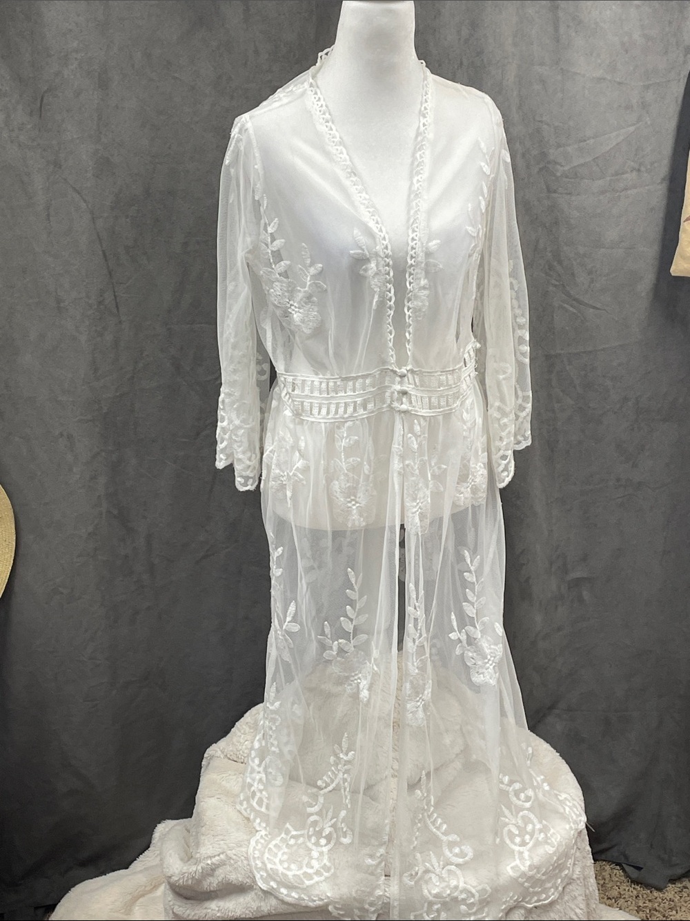 Delicate White Sheer Lace Bridal Robe